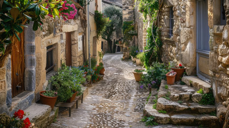 A pathway made of neatly arranged cobblestones leading through a charming European village.の素材