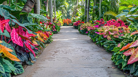 A garden pathway lined with colorful Caladium plants, creating a vibrant and inviting atmosphere.の素材