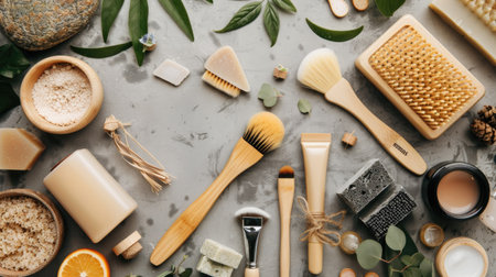 A flat lay of eco-friendly cosmetics including bamboo brushes, natural soaps, and organic skincare products.の素材