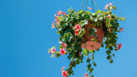 A hanging flower pot with trailing ivy, against a bright blue sky.の素材