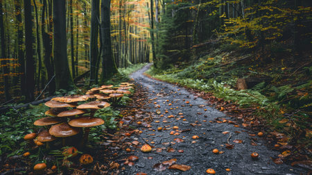 A picturesque forest path lined with various types of mushrooms growing along the sides.の素材