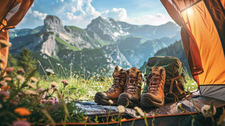 A pair of hiking boots and a backpack sitting by a tent entrance, with a stunning mountain view in the background.の素材