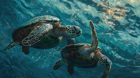 A pair of sea turtles swimming side by side, creating a touching underwater scene.の素材