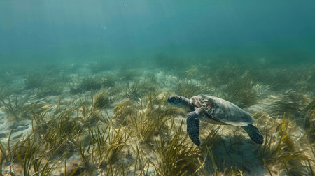 A sea turtle swimming above a bed of sea grass, with its shadow visible on the ocean floor.の素材