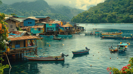 A secluded island with a small fishing village, colorful boats, and a tranquil harbor.の素材
