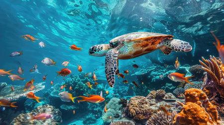 A sea turtle gracefully swimming above a vibrant coral reef, surrounded by a school of fish.の素材