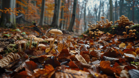 A scenic view of a forest floor covered in various types of mushrooms and fallen leaves.の素材