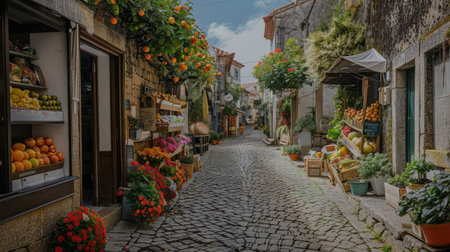 A small island with a charming village, cobblestone streets, and vibrant local markets.の素材