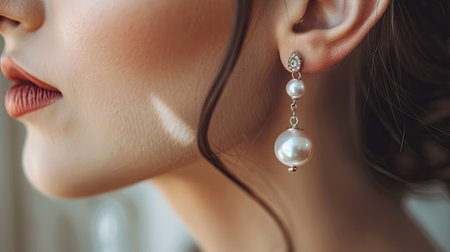 Beautifully crafted pearl drop earrings hanging from a womanaes ear, capturing their timeless elegance and classic beautyの素材