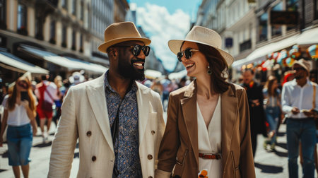 A stylish couple walking hand in hand through a bustling city street, dressed in coordinated outfits.の素材