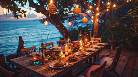 Enchanting outdoor dining table with a rustic wooden top, hanging lanterns, and a farm-to-table spread under the starsの素材