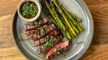 Top view of a beef steak sliced and arranged on a plate, served with a side of chimichurri sauce and grilled asparagus. Suitable for elegant and flavorful dining themes.の素材