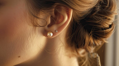 Elegant ear adorned with classic pearl stud earrings, perfectly complementing a formal outfit in a softly lit environmentの素材