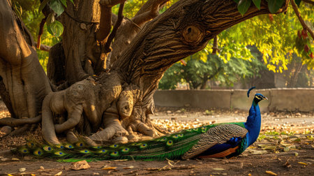 Serene scene of a peacock resting under the shade of a large tree, its vibrant feathers partially spread out and blending with the natural surroundingsの素材