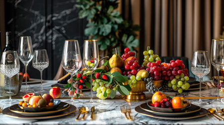 Luxe dining table with an extravagant marble surface, gold cutlery, and an opulent arrangement of seasonal fruits and gourmet dishesの素材