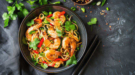 Top view of a bowl of hokkien noodles with prawns, chicken, and vegetables, garnished with cilantro.の素材