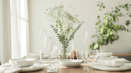 Minimalist dining table setup with clean lines, simple tableware, and a touch of greenery for a fresh, uncluttered lookの素材
