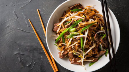 Top view of a bowl of beef chow fun noodles with green onions and bean sprouts on a white plate.の素材
