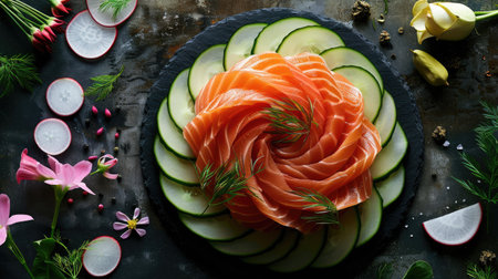 Top view of a beautifully crafted salmon sashimi rose, surrounded by cucumber slices and radish flowers. Ideal for artistic and creative food presentations.の素材