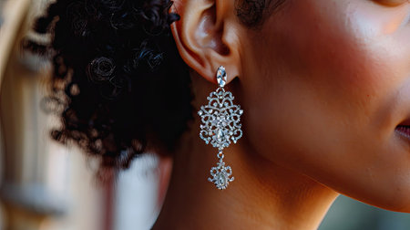 Close-up of a womanaes ear with sparkling silver chandelier earrings, highlighting their intricate design and glamorous appealの素材