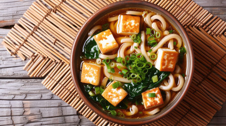 Top view of a bowl of miso udon noodles with tofu, spinach, and green onions on a bamboo mat.の素材