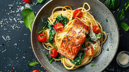Top view of a creamy salmon pasta dish with spinach, cherry tomatoes, and a sprinkle of Parmesan cheese. Suitable for comforting and indulgent meal visuals.の素材