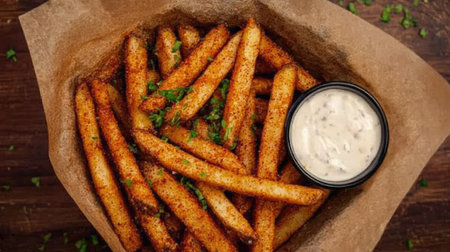Top view of a basket of spicy Cajun fries served with a side of cool ranch dressing.の素材