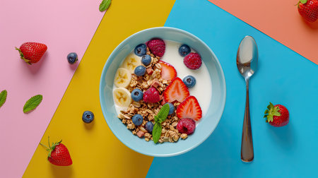 Top view of a colorful cereal bowl with milk, strawberries, and blueberries, placed on a vibrant kitchen counter with a spoon beside itの素材