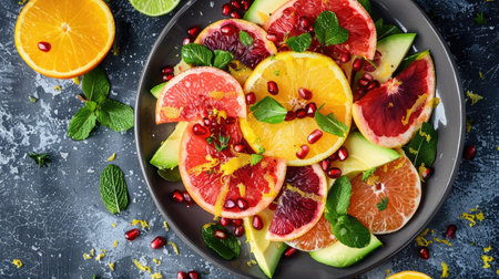 Top view of a citrus salad with grapefruit, oranges, avocado, and pomegranate seeds, drizzled with a honey citrus dressing.の素材