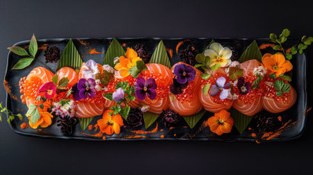 Top view of a festive salmon sashimi platter with assorted sashimi, garnished with ikura (salmon roe) and edible flowers. Great for special occasions and celebrations.の素材