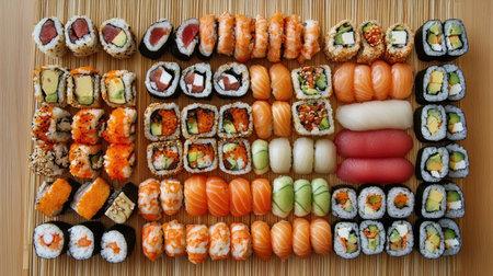 Top view of a delicious sushi assortment on a bamboo mat, featuring classic rolls and creative fusion options.の素材