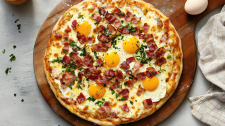 Top view of a bacon and egg breakfast pizza with crispy bacon, eggs, and mozzarella cheese, on a light and fluffy crust.の素材