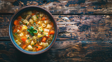 Top view of a colorful bowl of minestrone soup, packed with vegetables and pasta, on a rustic wooden tableの素材