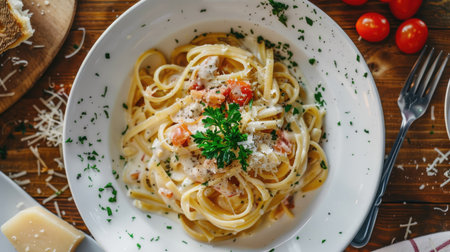 Top view of a crab linguine pasta with a creamy garlic sauce, garnished with parsley and Parmesan cheese.の素材