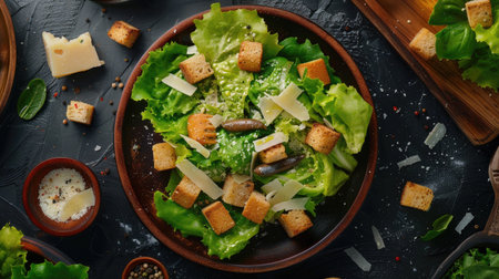 Top view of a classic Caesar salad with romaine lettuce, croutons, Parmesan cheese, and Caesar dressing, garnished with anchovies.の素材