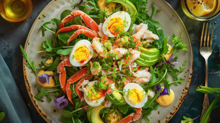 Top view of a crab Louie salad with mixed greens, avocado, hard-boiled eggs, and a creamy Louie dressing.の素材