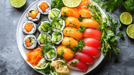 Top view of a colorful sushi platter with a variety of fish and vegetable rolls, garnished with fresh herbs and lime slices.の素材