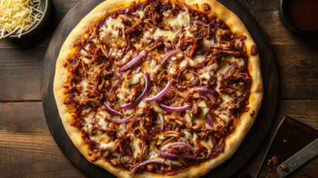 Top view of a BBQ pulled pork pizza with tender pulled pork, red onions, and a smoky BBQ sauce, topped with cheese.の素材