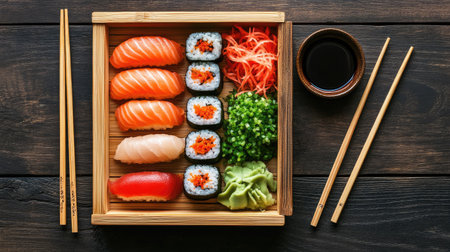 Top view of a beautiful sushi arrangement on a bamboo tray, with chopsticks and soy sauce on the side.の素材