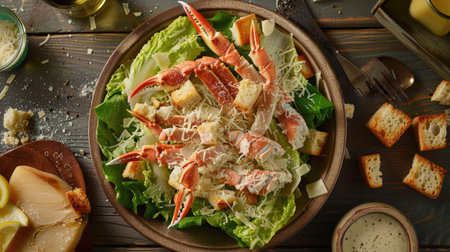 Top view of a crab Caesar salad with romaine lettuce, croutons, and Parmesan, drizzled with Caesar dressing.の素材