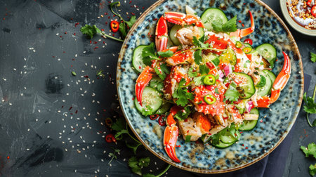 Top view of a crab and cucumber salad with a soy ginger dressing, garnished with sesame seeds.の素材