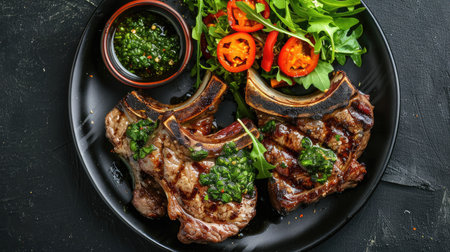 Top view of a grilled lamb steak with a chimichurri sauce, served with a side of roasted bell peppers and a small salad.の素材