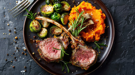 Top view of a grilled lamb steak with a rosemary and garlic crust, served with a side of roasted Brussels sprouts and mashed sweet potatoes.の素材