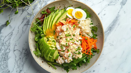 Top view of a crab Louie salad with mixed greens, avocado, hard-boiled eggs, and a creamy Louie dressing.の素材
