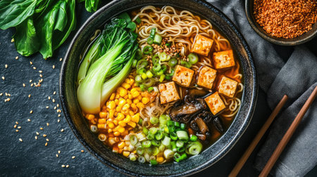 Top view of a colorful ramen bowl with vegetarian toppings, including tofu, mushrooms, bok choy, and corn, in a rich vegetable broth.の素材