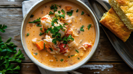 Top view of a bowl of crab and sweet potato chowder, garnished with fresh parsley and served with a side of cornbread.の素材