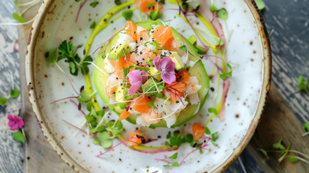 Top view of a crab and avocado salad with a citrus vinaigrette, garnished with microgreens.の素材