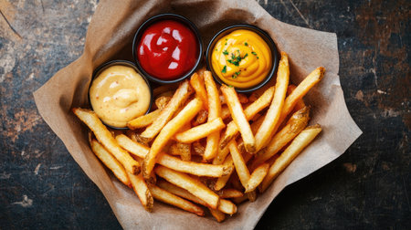 Top view of a basket of classic French fries served with a trio of sauces: ketchup, mustard, and spicy mayo.の素材