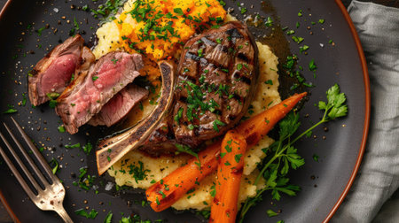 Top view of a lamb steak cooked to perfection, served with a creamy polenta and roasted carrots, garnished with parsley.の素材