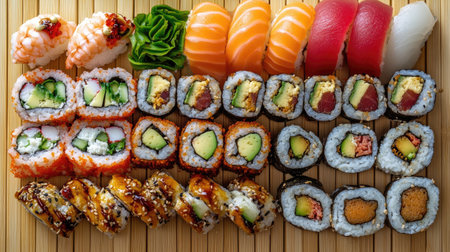 Top view of a delicious sushi assortment on a bamboo mat, featuring classic rolls and creative fusion options.の素材